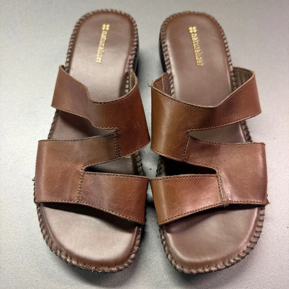 Naturalizer Women's Brown Leather Slide Sandals Wedge Comfort Size 9M
